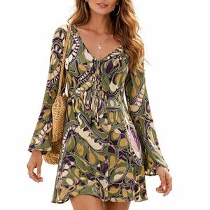 Tory Burch Abstract Print Dress Hippie Boho Bell Sleeve 70s Art Print  Retro S